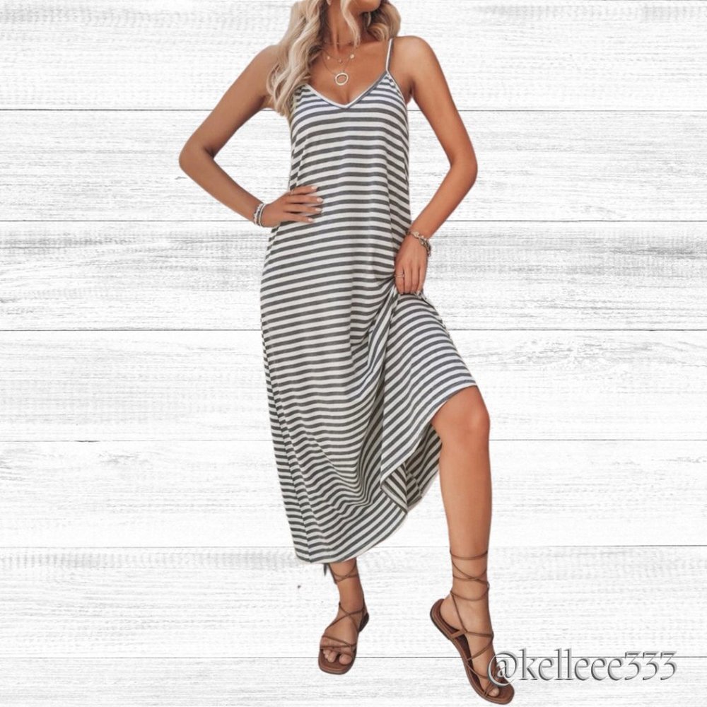 Gray Striped Cami Maxi Dress Sz 8/10 - Picture 5 of 6